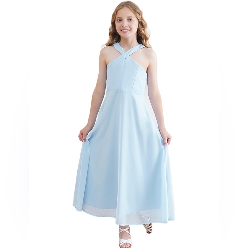 012ā NWT EMOBETTY Sleeveless Cross Neck Chiffon Long Flower Girl Dress - Size: 6